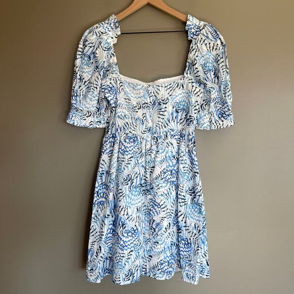 NWT SALONI Rachel-D Mini Dress Neptune Azure Size 2 Blue White Linen Puff Sleeve - Picture 11 of 16